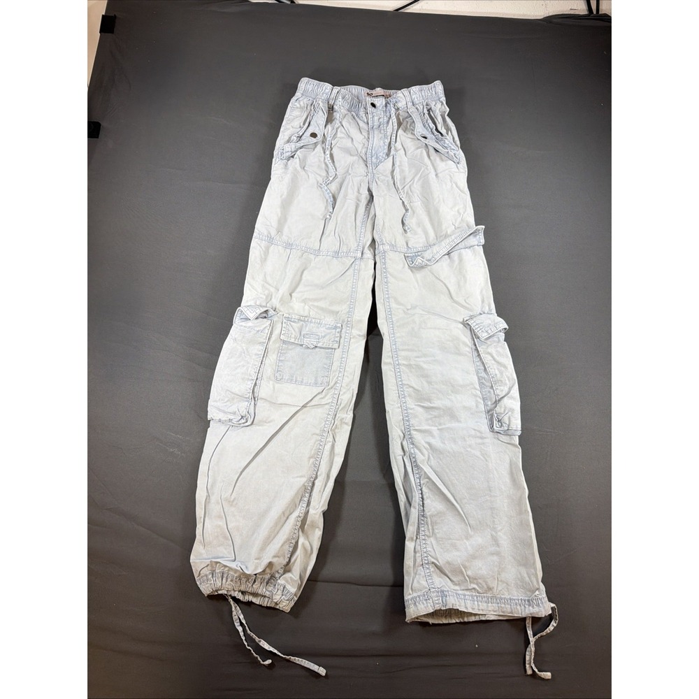 SO XS Light Wash Utility Cargo Pants High Rise Wide Leg Elastic Drawstring Waist